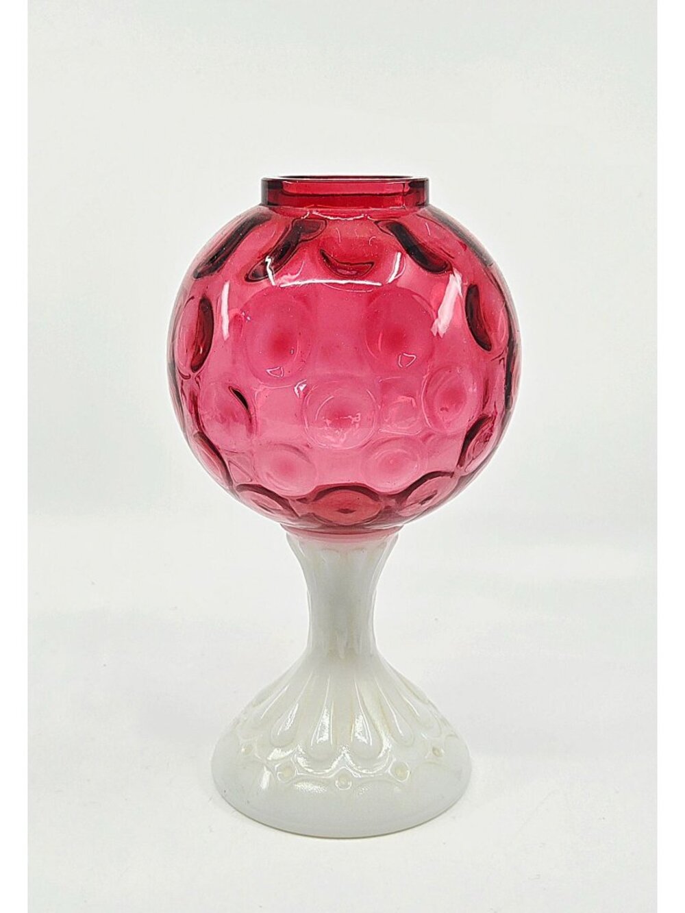 Vintage Fenton Cranberry Coin Dot Ivy Ball Glass Globe With Milk Glass Pedestal